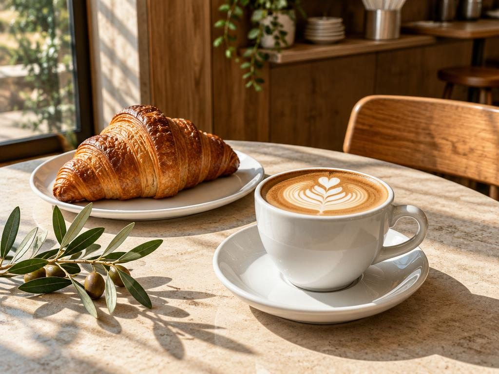 Latte and croissant in a sunlit independent café