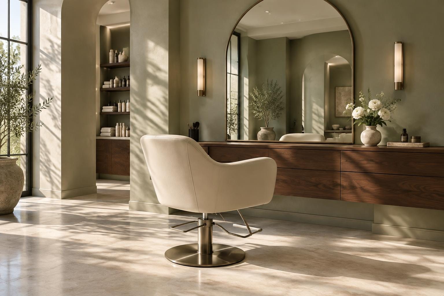 Sunlit salon interior with an arched mirror and sculptural chair